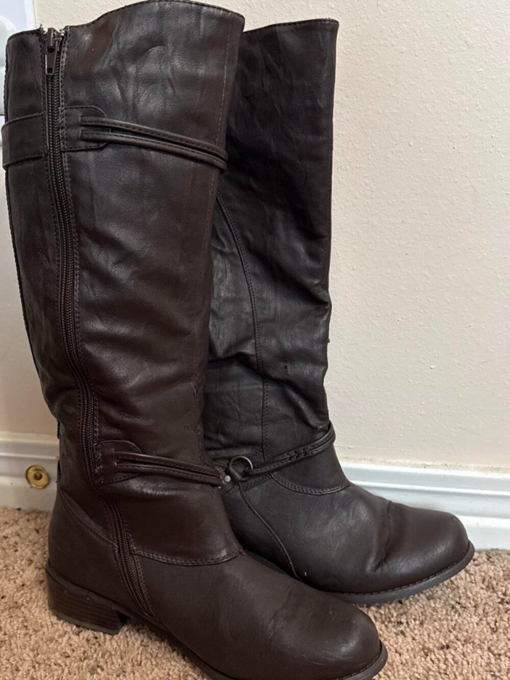 Brown leather knee high boots with buckle detail #leather #boots